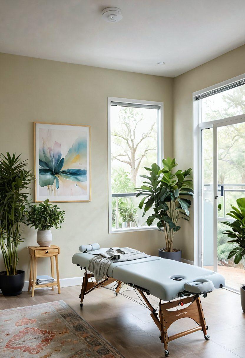 A serene therapy room filled with natural light, showcasing a physical therapist using the Bobath Technique on a patient. In the background, display holistic elements like plants, soft cushions, and calming colors. Emphasize gentle, supportive interactions between therapist and patient, symbolizing recovery and compassion. Add abstract representations of movement and growth, illustrating the holistic approach. super-realistic. vibrant colors. calming atmosphere.