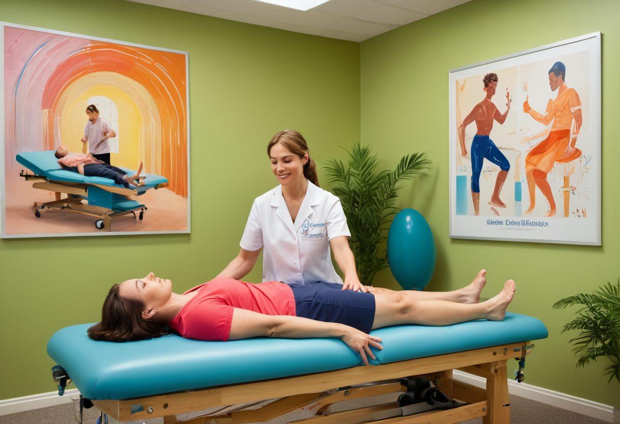 A dynamic scene illustrating a patient engaged in Bobath therapy, showcasing a physical therapist guiding the patient's movements with supportive gestures. The background features a serene rehabilitation environment, filled with exercise equipment and colorful posters highlighting motor function. Emphasize the connection between therapist and patient, showcasing determination and hope. Add a warm color palette to evoke positivity and healing. super-realistic. vibrant colors. 3D.