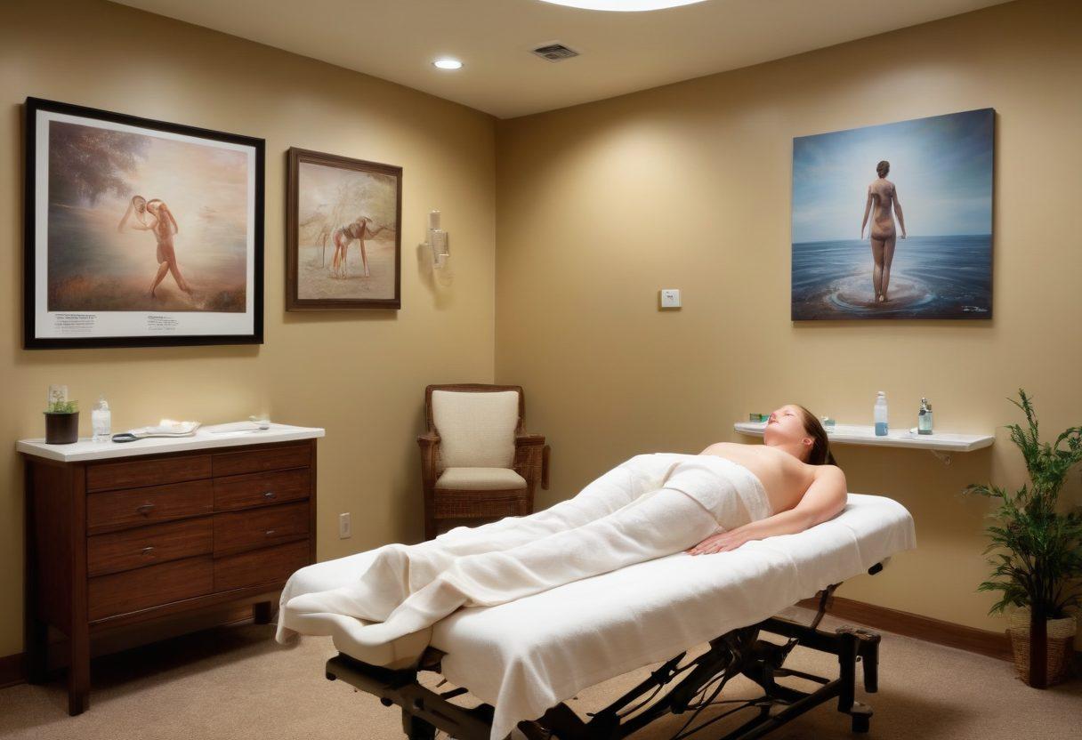 A serene therapy room showcasing a practitioner gently assisting a patient using the Bobath technique. Include anatomical posters on the walls, soft lighting, and rehabilitation equipment in the background. Capture the essence of hope and healing through expressive facial expressions and gestures. Emphasize a sense of connection and support. super-realistic. soft colors. warm atmosphere.